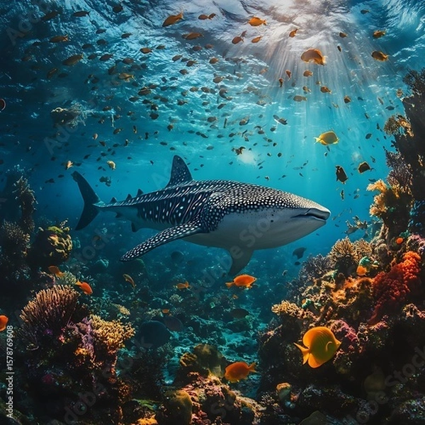 Fototapeta Giant whale shark glides through ocean reef high resolution picture