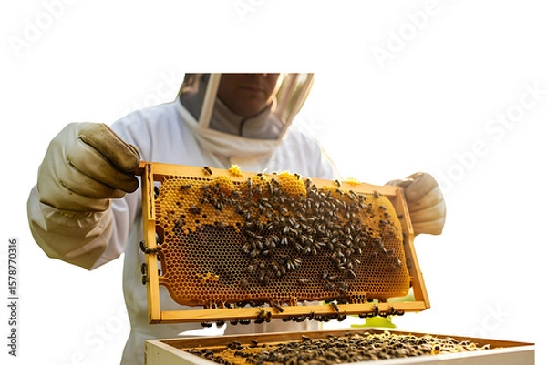 Fototapeta A beekeeper in protective gear holds a frame full of bees isolated on transparent background