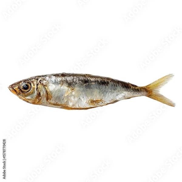 Fototapeta Single Sardine: A high-angle shot of a single, preserved sardine against a clean, minimalist background, offering a stark contrast that emphasizes the fish's natural form.