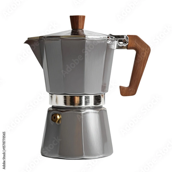 Fototapeta Morning Brew: A detailed shot of an elegant silver coffee maker with a dark wooden handle and knob, ready to brew a perfect cup of coffee.