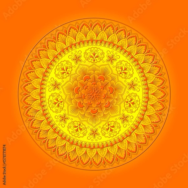 Fototapeta Round floral pattern with emboss and shadow effects, vivid gradient backdrop. Mandala. 