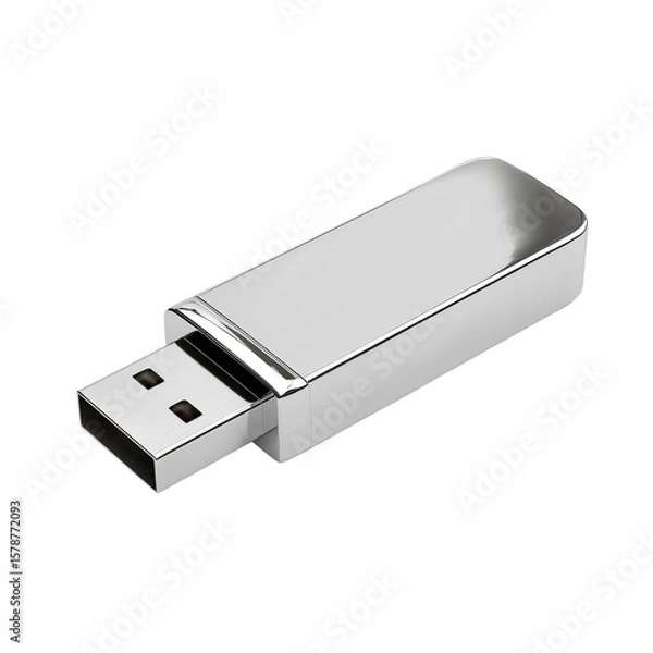 Fototapeta Silver USB Flash Drive: Sleek and modern silver USB flash drive, perfect for storing and transferring data.  Its simple design makes it a versatile accessory for any digital need. 