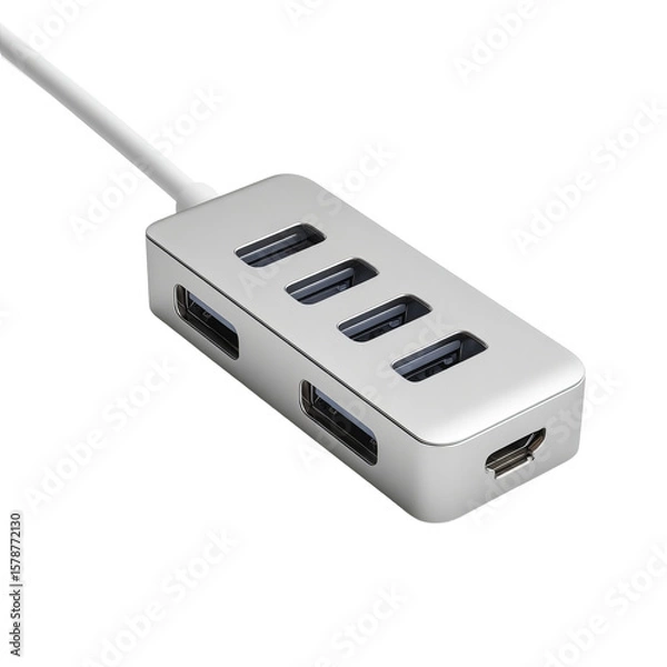 Fototapeta USB Hub for Connectivity: A sleek, silver USB hub with multiple ports, designed to streamline and simplify your digital connectivity needs.