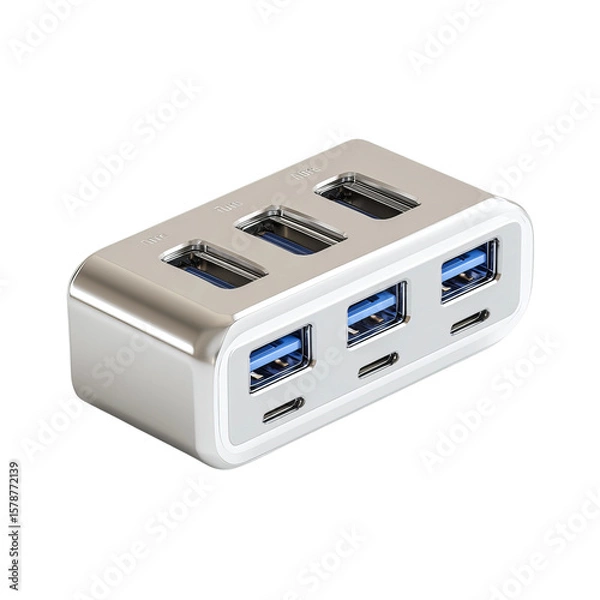 Fototapeta USB Hub: A close-up shot showcases a modern USB hub, featuring multiple ports in a sleek and efficient design, perfect for expanding connectivity in the digital age.