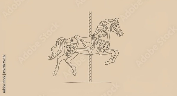 Fototapeta Minimalistic Carousel Horse Line Art with Floral Accents