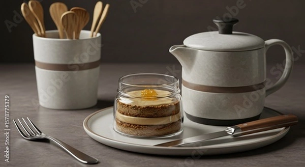 Fototapeta Still life of dessert in a jar with teapot, utensils and wooden spoons in a ceramic container