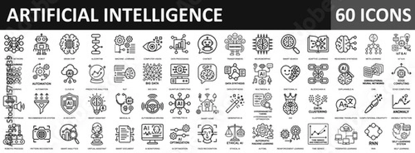 Fototapeta Artificial Intelligence icons set in a line-art. AI technology icons for web and mobile app. Machine learning, digital AI technology, algorithm, smart robotic, cloud computing network