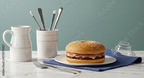 Fototapeta Still life of a burger on a plate with utensils and a white pitcher against a blue background