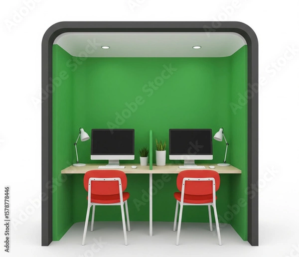 Fototapeta Shared Workspace Booth With Green Screen Desktop, Simple And Clean