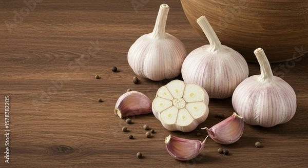 Fototapeta Garlic bulbs and cloves with peppercorns arranged on a wooden surface near a wooden bowl edge