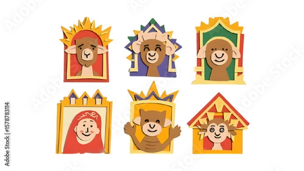 Fototapeta Whimsical cartoon creatures peek from colorful frames creating a playful scene perfect for children's designs and festive decorations, radiating joy and charm.