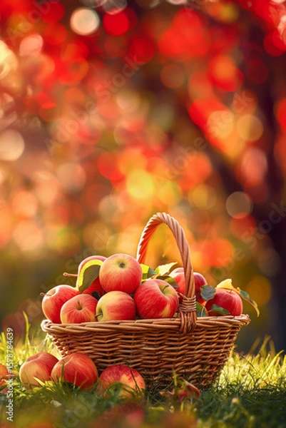 Obraz Woven basket on green grass full of red apples under autumn leaves with bright bokeh background at sunset. Healthy natural food for Thanksgiving or fall concept.