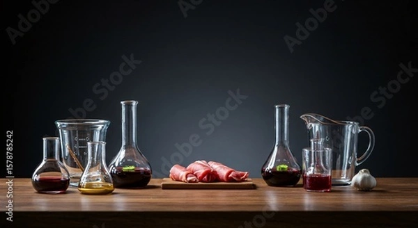 Fototapeta Still life of meat rolls with beakers and measuring cups on a wooden surface against dark background