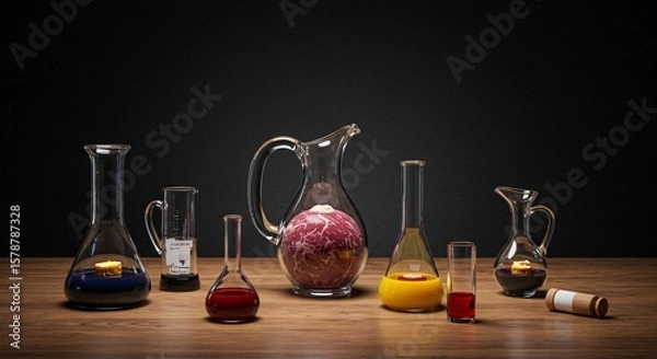 Fototapeta Still life of glass beakers and a pitcher filled with various colored liquids and meat on a wood table