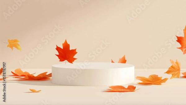 Obraz A white cylinder pedestal with orange autumn leaves on a light background. Abstract empty geometric display podium for product showcase.