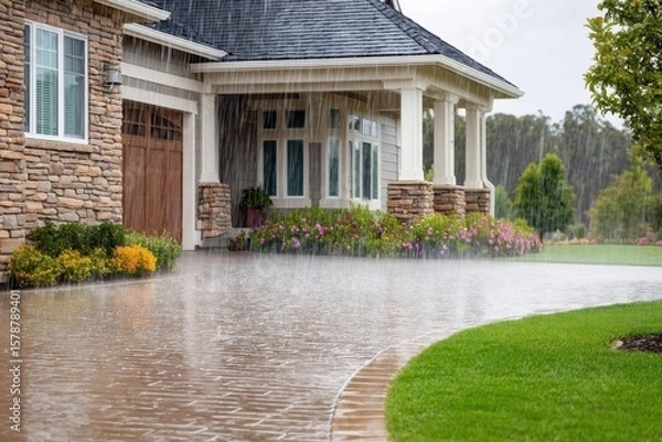 Fototapeta Heavy rain falling on a house and driveway, water flows down the driveway, flowers and green grass contrast the rain.
