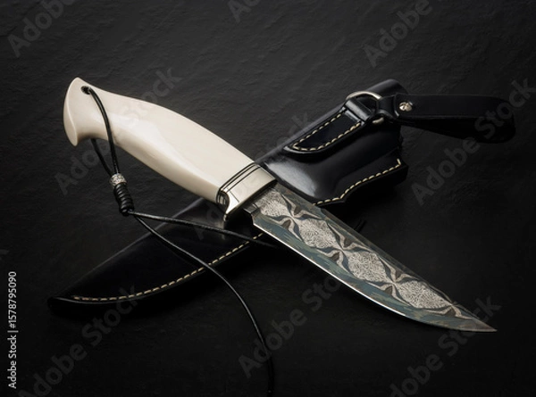 Fototapeta Souvenir collectible knife  with sheaths. Bone handle, on black. 