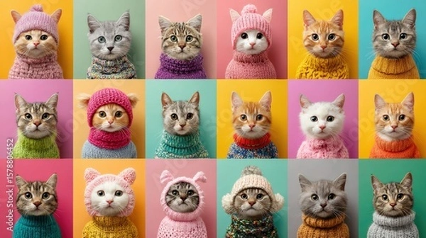 Fototapeta A colorful collage of cats wearing knitted hats and sweaters against vibrant backgrounds, showcasing a playful and cozy theme.