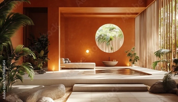 Fototapeta Serene spa interior with terracotta walls, circular window, and tranquil pool. Minimalist design, natural light.
