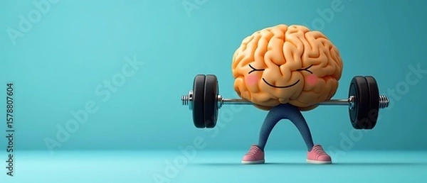 Fototapeta Happy brain lifting weights.  Concept of brain health, cognitive fitness, and mental strength.