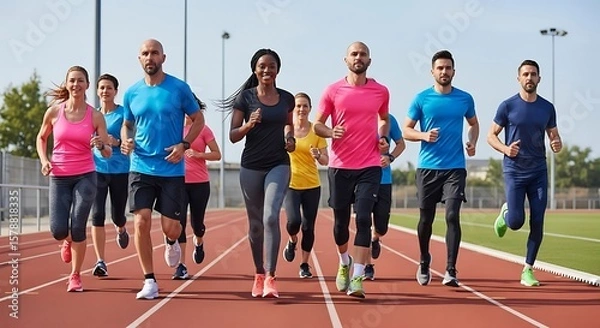 Fototapeta A group of diverse people are running on a red track outdoors, participating in a race or training session under a bright, sunny sky.