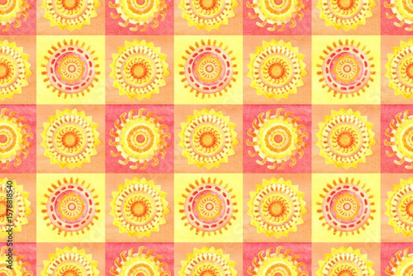 Fototapeta Seamless patchwork pattern with watercolor suns. Summer watercolor background.