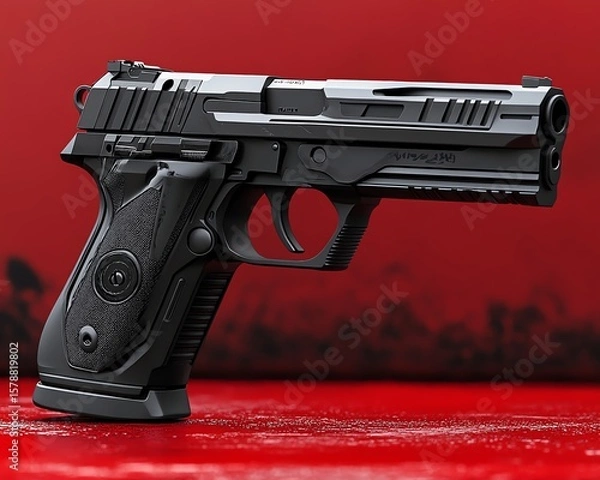 Fototapeta Sleek black handgun, modern design, firearm, weapon, isolated on red background.
