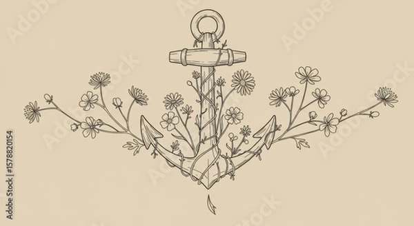 Fototapeta Elegant Minimalist Line Art of Anchor Entwined with Wildflowers on Warm Beige
