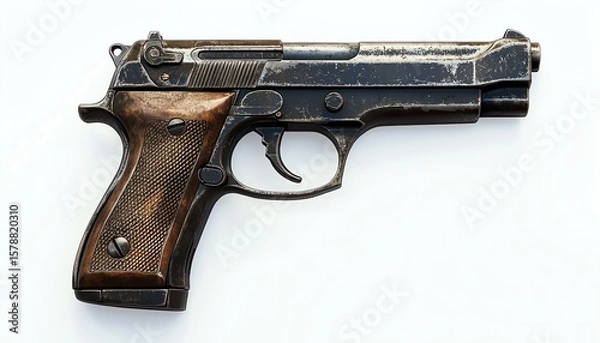 Fototapeta Close-up view of a black Glock handgun on a white background.