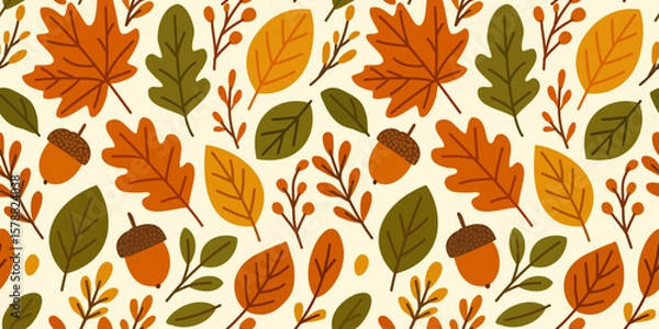 Obraz Vector seamless pattern with bright autumn leaves and acorns on white background
