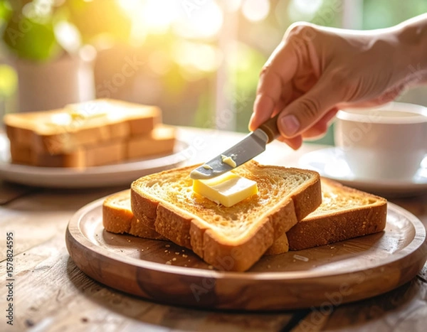 Fototapeta Hand holding a butter knife spreading soft butter on toast
