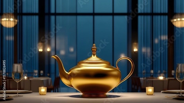 Obraz Elegant Golden Teapot as the Centerpiece on a Table in a Sophisticated Restaurant Interior
