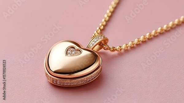 Obraz Elegant Heart Shaped Gold Pendant Necklace with Sparkling Accent on Soft Pink Background
