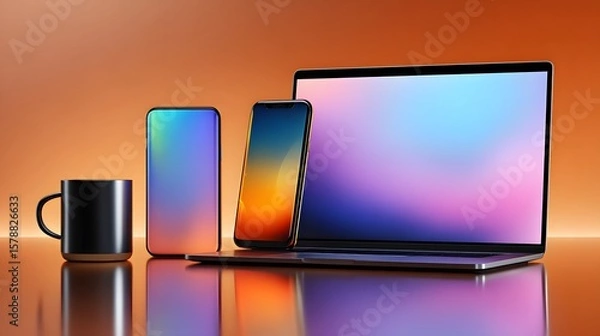 Obraz Colorful electronic devices including smartphone, laptop and coffee mug on reflective surface with gradient background