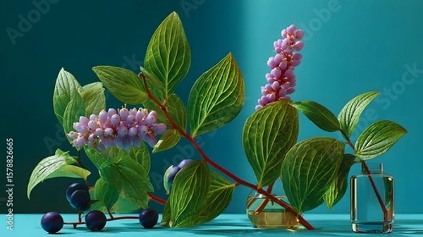 Obraz Botanical Still Life Featuring Lush Green Leaves and Delicate Flowers on a Turquoise Background