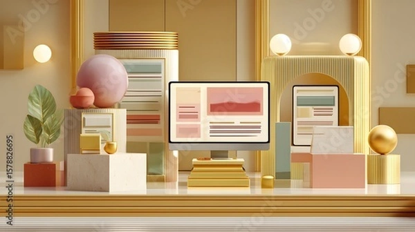 Obraz Vibrant, Colorful Interior Workspace Design Featuring Modern Geometric Furniture and Decorative Elements