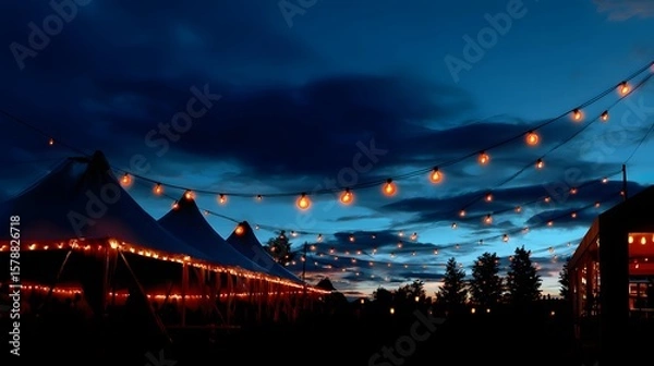 Obraz Festive Outdoor Evening Scene with Glowing Strings of Lights and Tents Under Twilight Sky