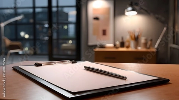 Obraz Minimalist Workspace with Clipboard and Pen on Wooden Desk in Modern Office at Night