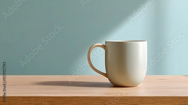 Obraz Minimalist Ceramic Mug on a Wooden Table with Soft Sunlight and Subtle Shadows