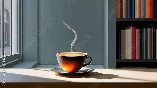 Obraz Morning Coffee Cup with Steam on Table by Window in Cozy Interior with Soft Light and Shadow
