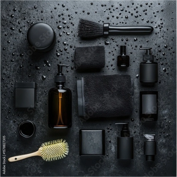 Fototapeta Luxurious black spa set with minimalist design on dark wet stone background