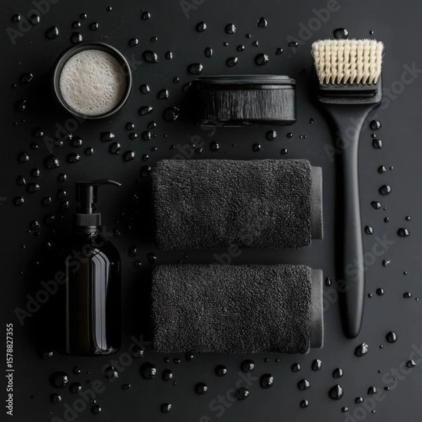 Fototapeta Luxury black spa set arrangement with towels soap dispenser and brush on black surface