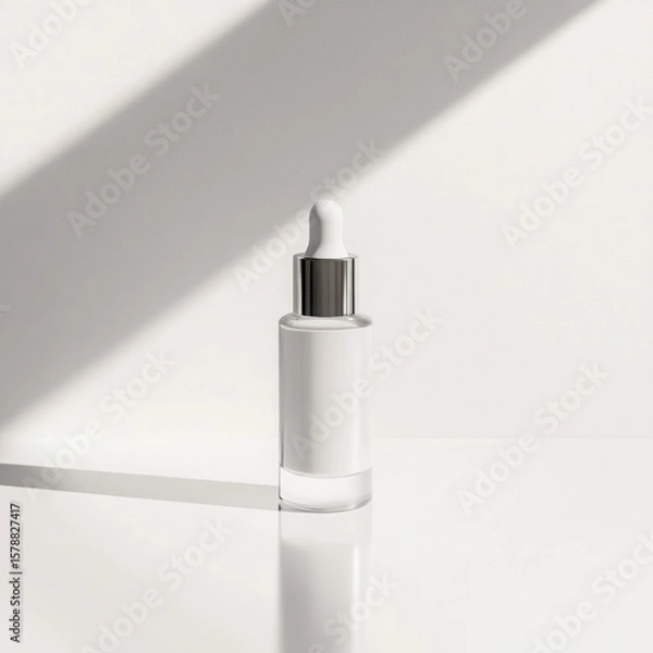 Fototapeta Minimalist white serum bottle with dropper isolated against a clean white backdrop.