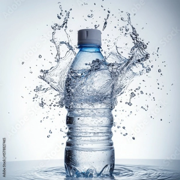 Fototapeta Refreshing water bottle surrounded by splashing water against a clean white background