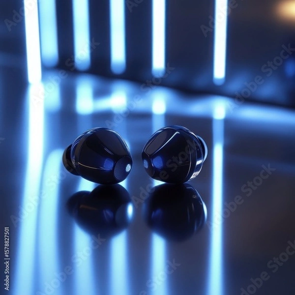 Fototapeta Stylish wireless earbuds with a futuristic appearance illuminated by blue neon lights