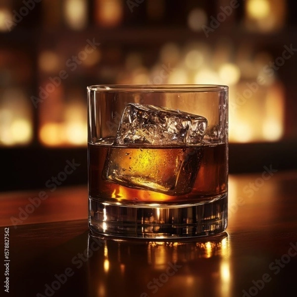 Fototapeta A close up shot of whiskey in a glass with a large ice cube