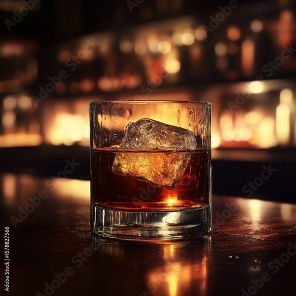 Fototapeta A fine whiskey drink with a large ice cube at a cozy and warm lit bar