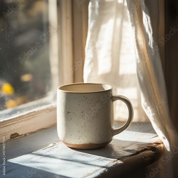 Fototapeta Ceramic coffee mug resting on a weathered window sill bathed in soft sunlight