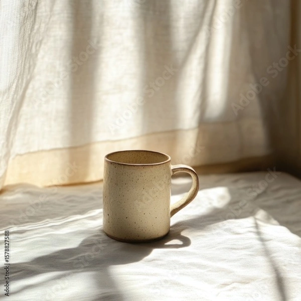 Fototapeta Ceramic mug resting on a white linen surface with soft natural light and shadow