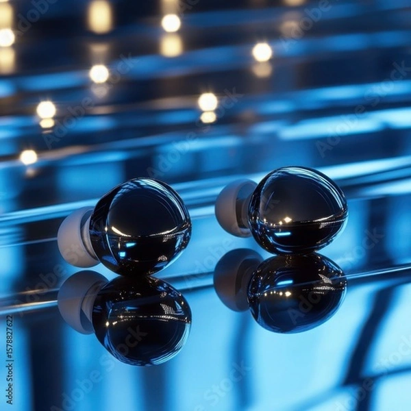 Fototapeta Close up studio shot of two modern wireless earbuds with futuristic metallic shine and reflections